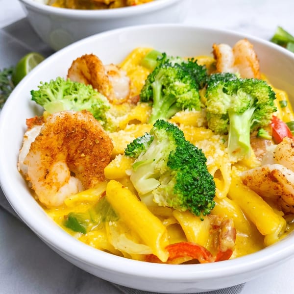 Creamy pasta with shrimp, broccoli, and bell peppers in a white bowl.