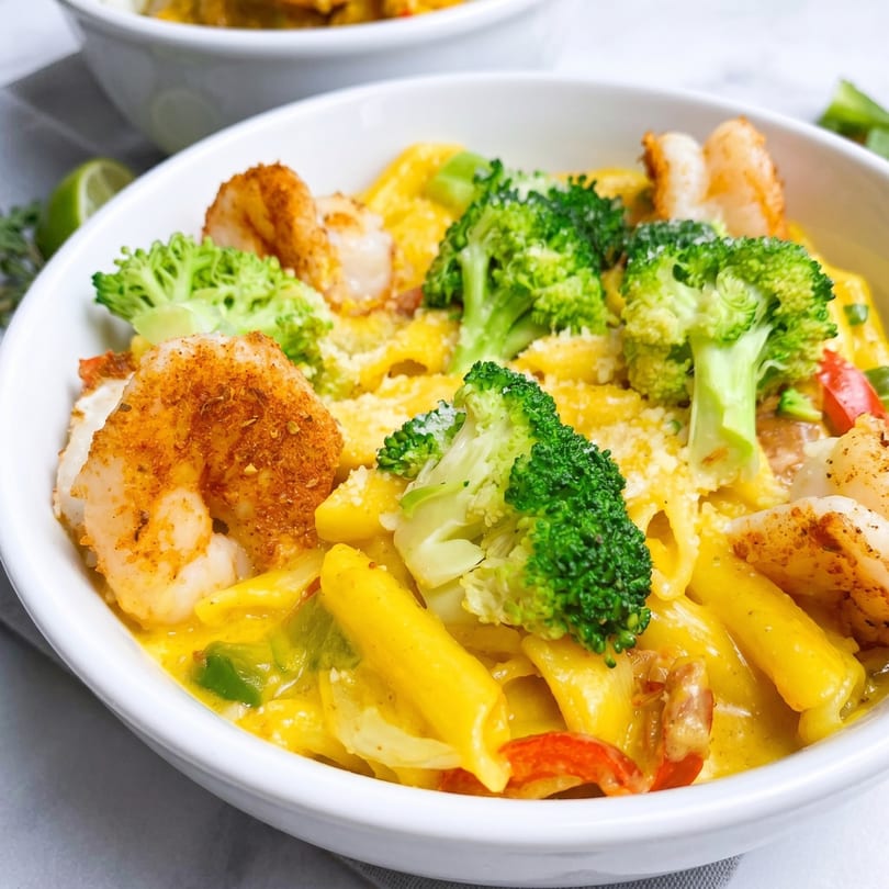 Creamy pasta with shrimp, broccoli, and bell peppers in a white bowl.