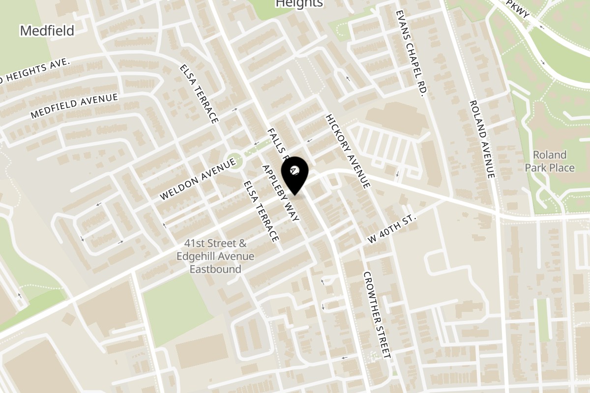 Map showing the location of Chef BobbyD Restaurant and Catering Baltimore on 4032 Falls Rd in Baltimore